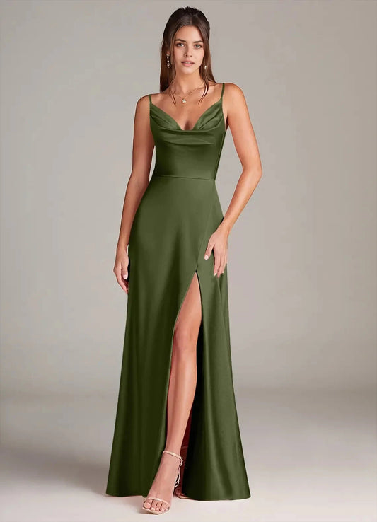 Olive Green Cowl Neck Spaghetti Strap Maxi Dress with Side Slit A-Line with Pockets Metallic Satin Dress Bridesmaid Dresses by YiHuiw