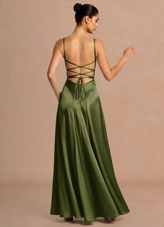 Green A-Line Spaghetti Strap Satin Floor-Length Wedding Dress - Yihuiw by Yihuiw
