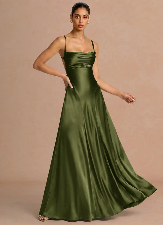 Green A-Line Spaghetti Strap Satin Floor-Length Wedding Dress - Yihuiw by Yihuiw