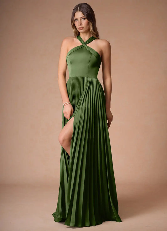 Green Halter Satin High Slit Floor-Length Wedding Dress - Yihuiw by Yihuiw