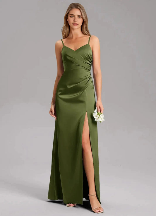 Olive Green Satin Spaghetti Strap Maxi Dress with Side Slit A-Line Pleated Stretch Satin Dress Bridesmaid Dresses by YiHuiw