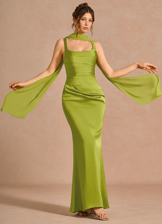 Green Mermaid Square Neck Lace Lace-Up Back Floor-Length Wedding Dress - Yihuiw by Yihuiw