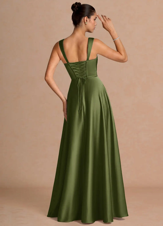 Green A-Line Square Neck Satin Floor-Length Wedding Dress - Yihuiw by Yihuiw