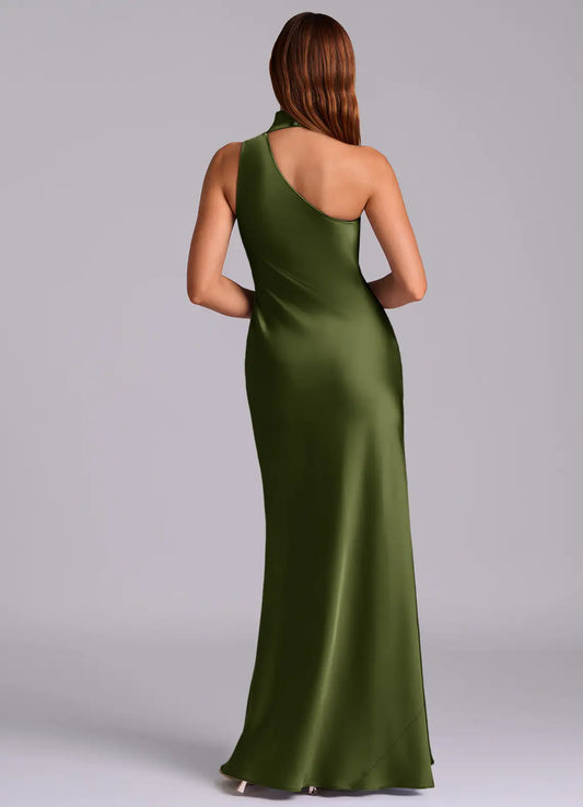 Mermaid Halter Satin Draped Floor-Length Wedding Dress - Yihuiw by Yihuiw