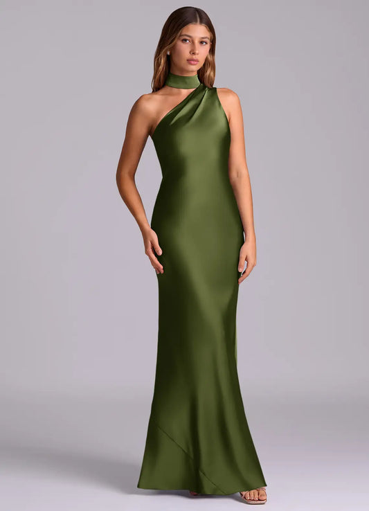Mermaid Halter Satin Draped Floor-Length Wedding Dress - Yihuiw by Yihuiw