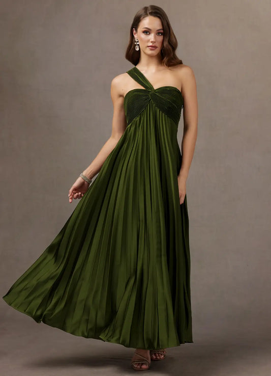 A-Line One-Shoulder Chiffon Pleated Floor-Length Wedding Dress - Yihuiw by Yihuiw