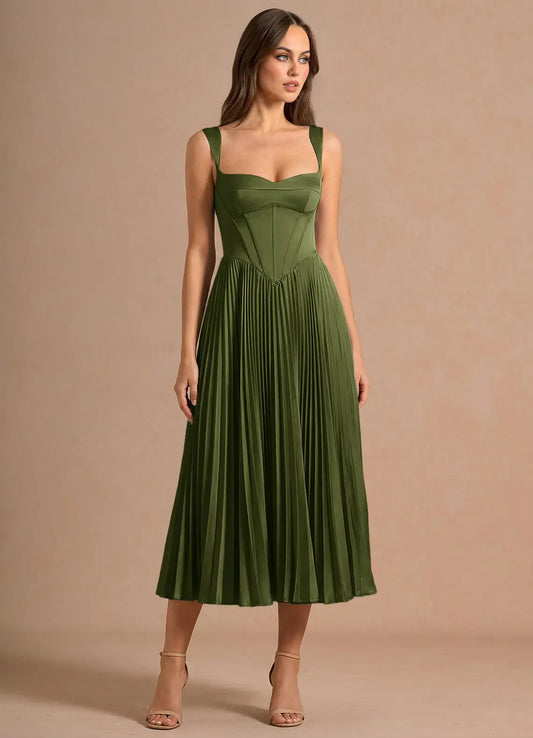 Sweetheart Satin Lace-Up Back Pleated Midi Wedding Dress - Yihuiw by Yihuiw