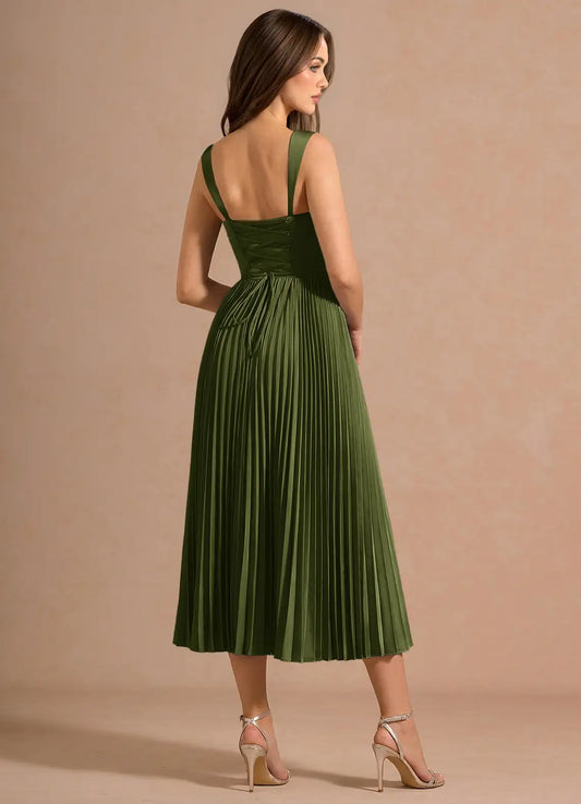 Sweetheart Satin Lace-Up Back Pleated Midi Wedding Dress - Yihuiw by Yihuiw