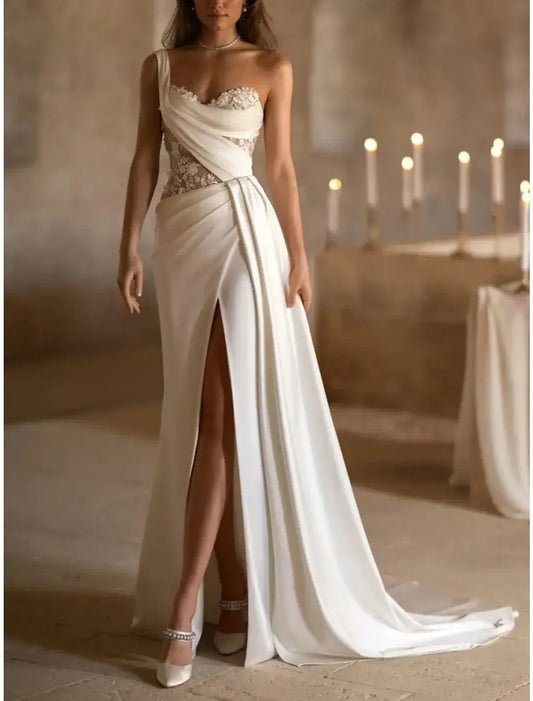 Mermaid Satin High Slit Wedding Dress - Yihuiw by Yihuiw