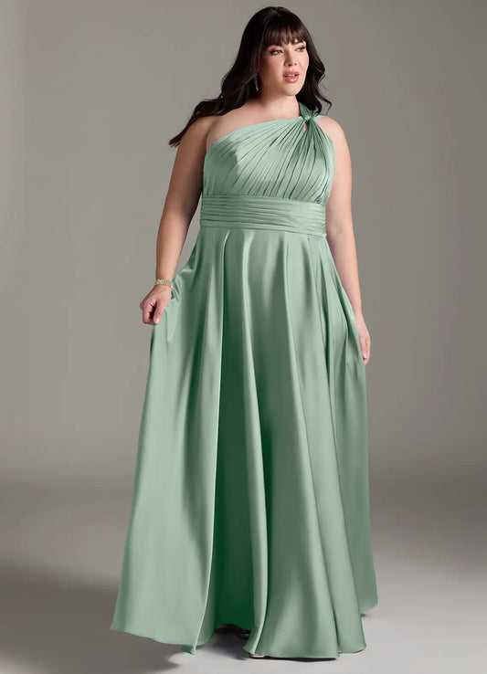 One-Shoulder Satin Pleated Floor-Length Wedding Dress - Yihuiw by Yihuiw