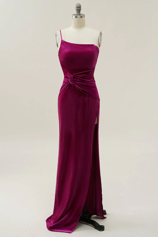Elegant Fuchsia Velvet Evening Dress with Spaghetti Straps and High Slit – Slim Fit Formal Maxi Gown