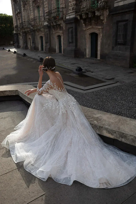 A-Line Illusion Three-Quarter Sleeve Floor-Length Wedding Dress - Yihuiw by Yihuiw