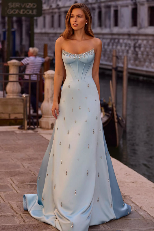 Opulent Strapless Sweetheart Beaded Neckline Satin Mermaid Train Prom Dress with Scattered Crystals