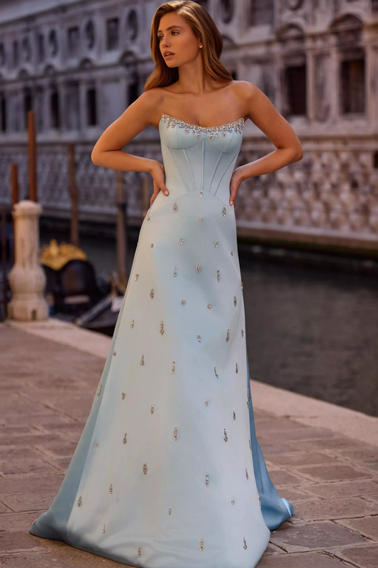 Opulent Strapless Sweetheart Beaded Neckline Satin Mermaid Train Prom Dress with Scattered Crystals