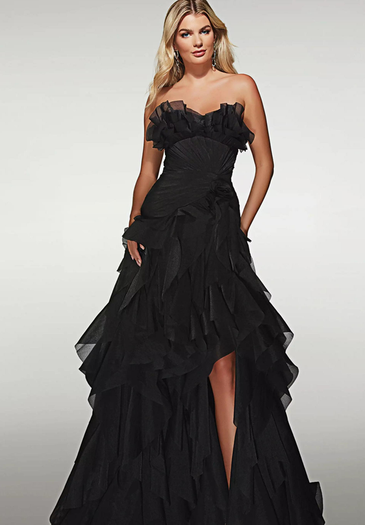 Opulent Strapless Sweetheart Ruffled Tulle Mermaid High Slit Prom Dress with Floral Accent