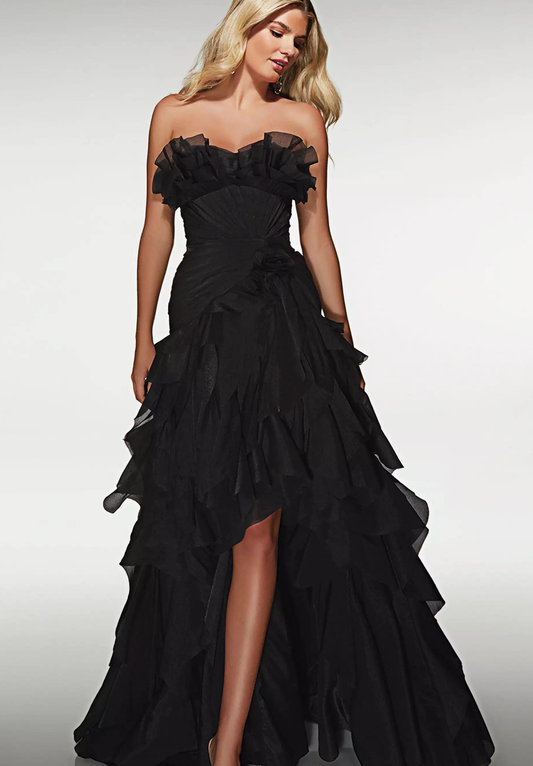 Opulent Strapless Sweetheart Ruffled Tulle Mermaid High Slit Prom Dress with Floral Accent