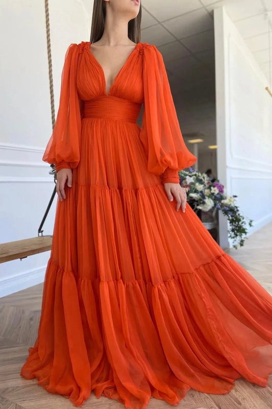 Orange Chiffon Floor Length Prom Dress Long Sleeve Evening Party Dres simple gentle atmospheric and unique desi Bring summer colors to enhance whitenes by YiHuiw