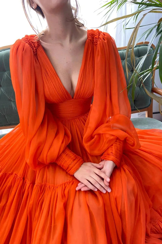 Orange Chiffon Floor Length Prom Dress Long Sleeve Evening Party Dres simple gentle atmospheric and unique desi Bring summer colors to enhance whitenes by YiHuiw