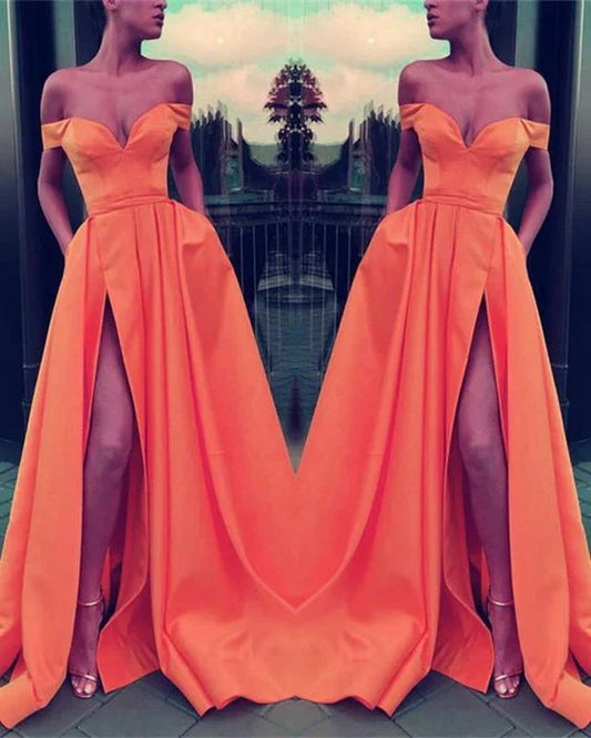 Orange off shoulder long dress with off shoulder design and deep V-neckline, high slit on the side, suitable for dinners, parties, etc by YiHuiw