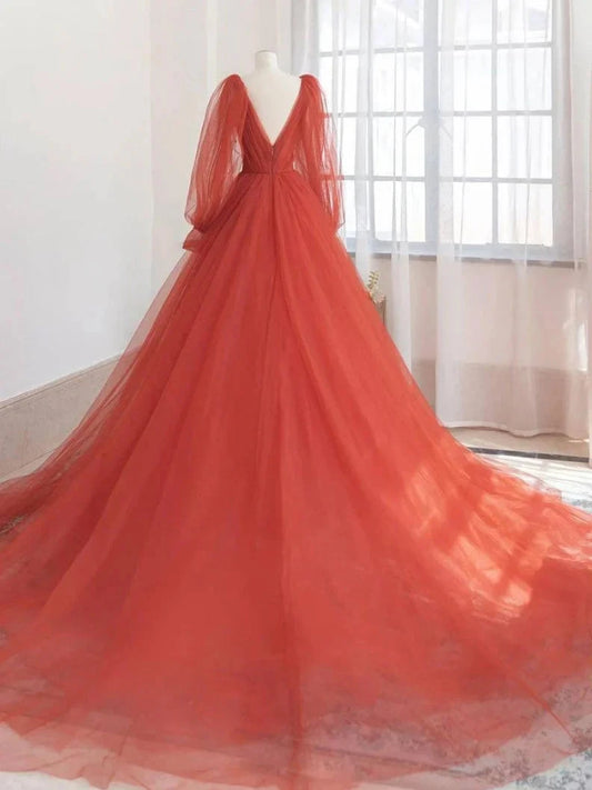 Orange v neck tulle long prom dress orange evening dress simple gentle atmospheric and unique desi Bring summer colors to enhance whitenes by YiHuiw
