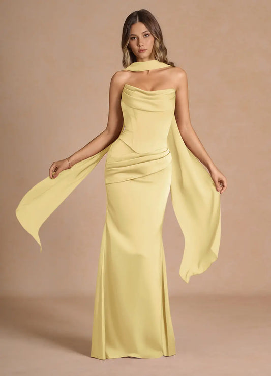 Yellow Mermaid Strapless Lace-Up Back Draped Floor-Length Wedding Dress - Yihuiw by Yihuiw