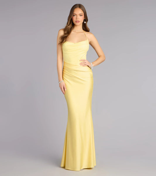 Yellow Mermaid Halter Satin Floor-Length Homecoming Dress - Yihuiw by Yihuiw