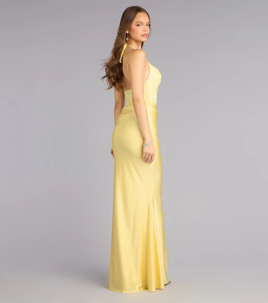 Yellow Mermaid Halter Satin Floor-Length Homecoming Dress - Yihuiw by Yihuiw