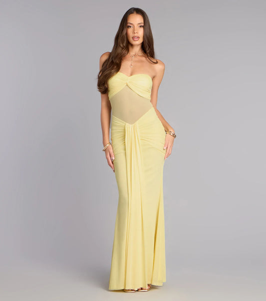 Yellow Mermaid Strapless Mesh Cutout Floor-Length Wedding Dress - Yihuiw by Yihuiw