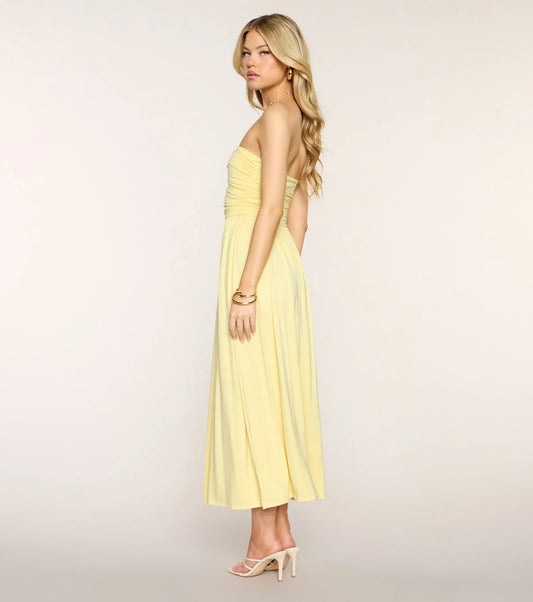 Yellow A-Line Strapless Ruched Midi Wedding Dress - Yihuiw by Yihuiw