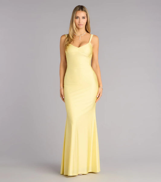 Yellow Mermaid Satin Ruched Floor-Length Wedding Dress - Yihuiw by Yihuiw