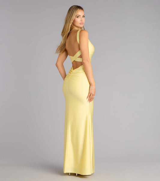 Yellow Mermaid Satin Ruched Floor-Length Wedding Dress - Yihuiw by Yihuiw