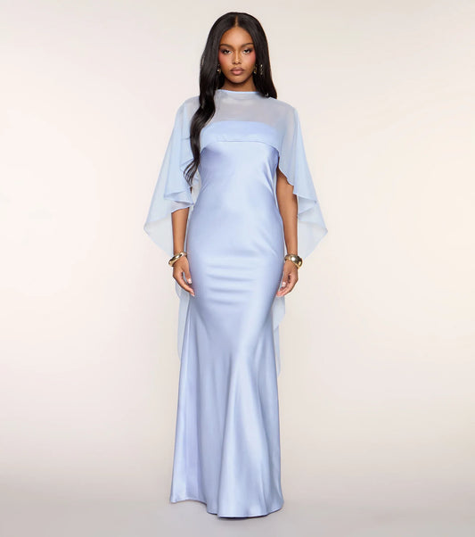 Blue Mermaid High Neck Satin Floor-Length Wedding Dress - Yihuiw by Yihuiw