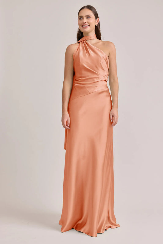 Peach Halter Satin Open Back Wedding Dress - Yihuiw by Yihuiw