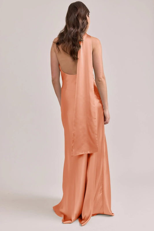 Peach Halter Satin Open Back Wedding Dress - Yihuiw by Yihuiw