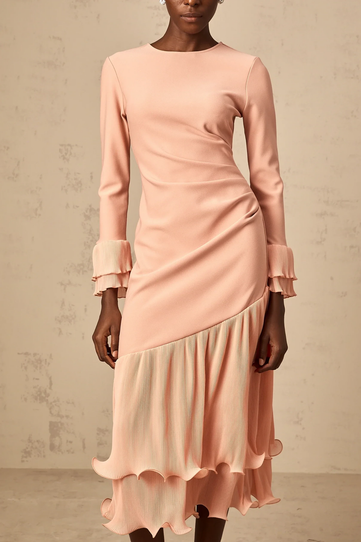 Peach Long Sleeve Midi Dress with Ruffled Hem ruffled-trim panelled midi dress in Pink Evening Dress by YiHuiw