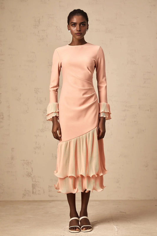 Peach Long Sleeve Midi Dress with Ruffled Hem ruffled-trim panelled midi dress in Pink Evening Dress by YiHuiw