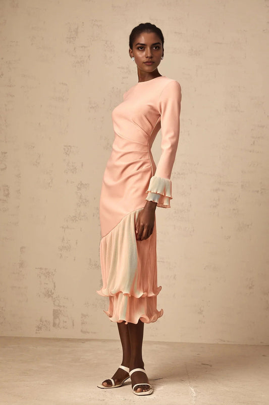 Peach Long Sleeve Midi Dress with Ruffled Hem ruffled-trim panelled midi dress in Pink Evening Dress by YiHuiw