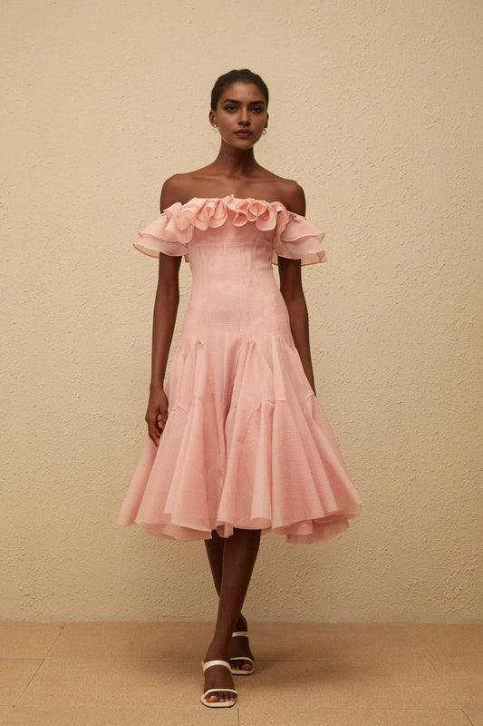 Peach Off - Shoulder Midi Dress with Ruffled Neckline Margarita Pink Ruffled Midi Dress Evening Dress by YiHuiw