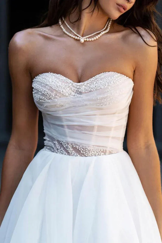 A-Line Off-Shoulder Organza Puff Sleeve High Slit Wedding Dress - Yihuiw by Yihuiw