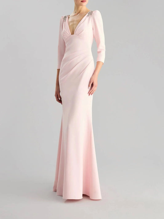 Pink Deep V-Neck Maxi Dress with Crystal Shoulder Detail Fit & flare party dress with a V neckline and three-quarter-length sleeves Mother of the Bride Dresses by YiHuiw