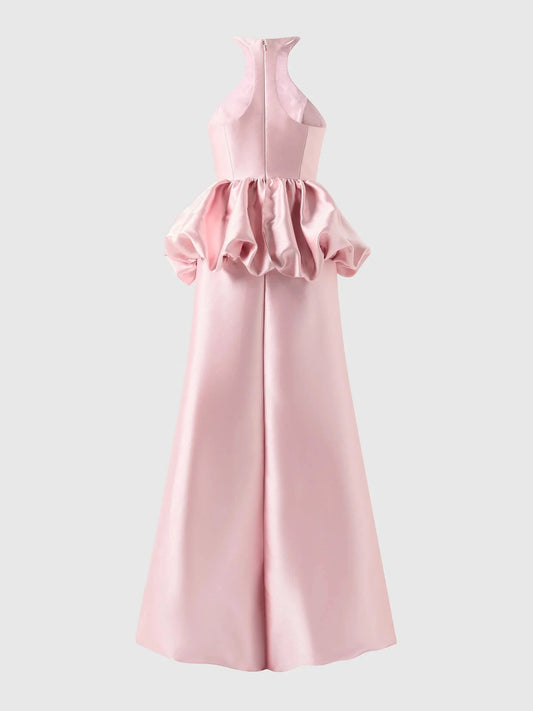 Pink High Neck Satin Maxi Dress with Ruffled Waist Fit & flare bridesmaid dress with halter neckline in mikado Mother of the Bride Dresses by YiHuiw