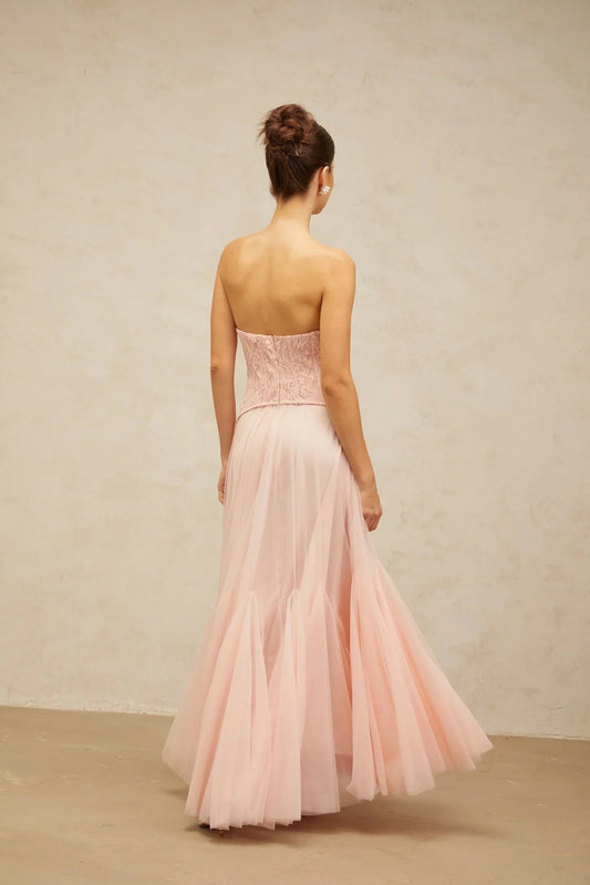 Pink Lace Strapless Tulle Maxi Dress Ulrique pink lace corset tulle maxi dress Evening Dress by YiHuiw