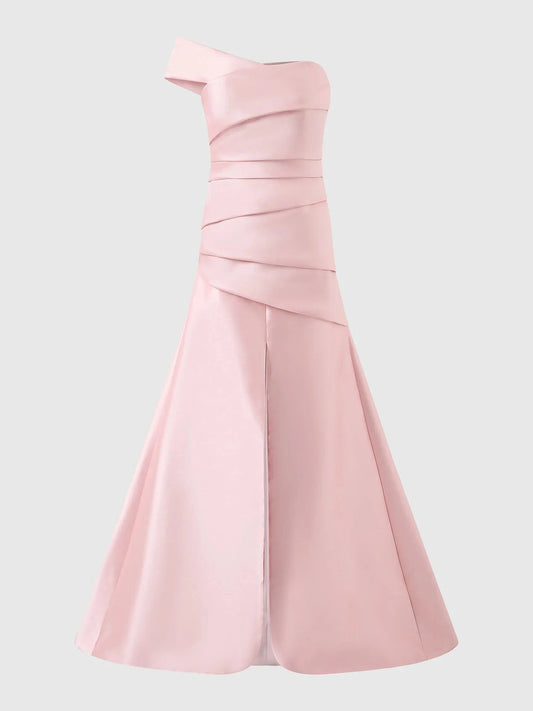 Pink One-Shoulder Satin Midi Dress Mermaid style bridesmaid dress with sweetheart neckline in mikado Mother of the Bride Dresses by YiHuiw