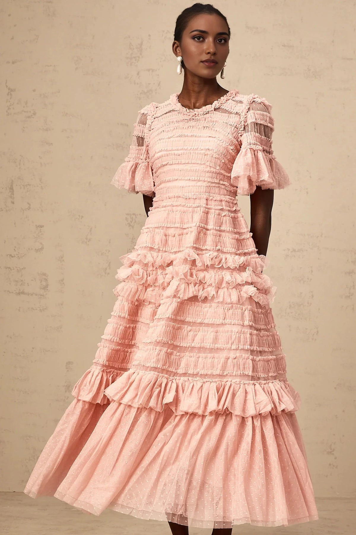 Pink Ruffled Tiered Tulle Midi Dress pink dot-detail ruffled tulle midi dress Evening Dress by YiHuiw
