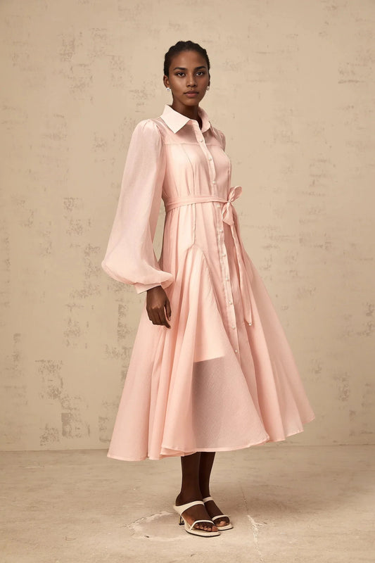 Pink Sheer Puff Sleeve Shirt Midi Dress pink tied-waist midi shirt dress Evening Dress by YiHuiw