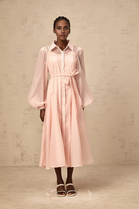 Pink Sheer Puff Sleeve Shirt Midi Dress pink tied-waist midi shirt dress Evening Dress by YiHuiw