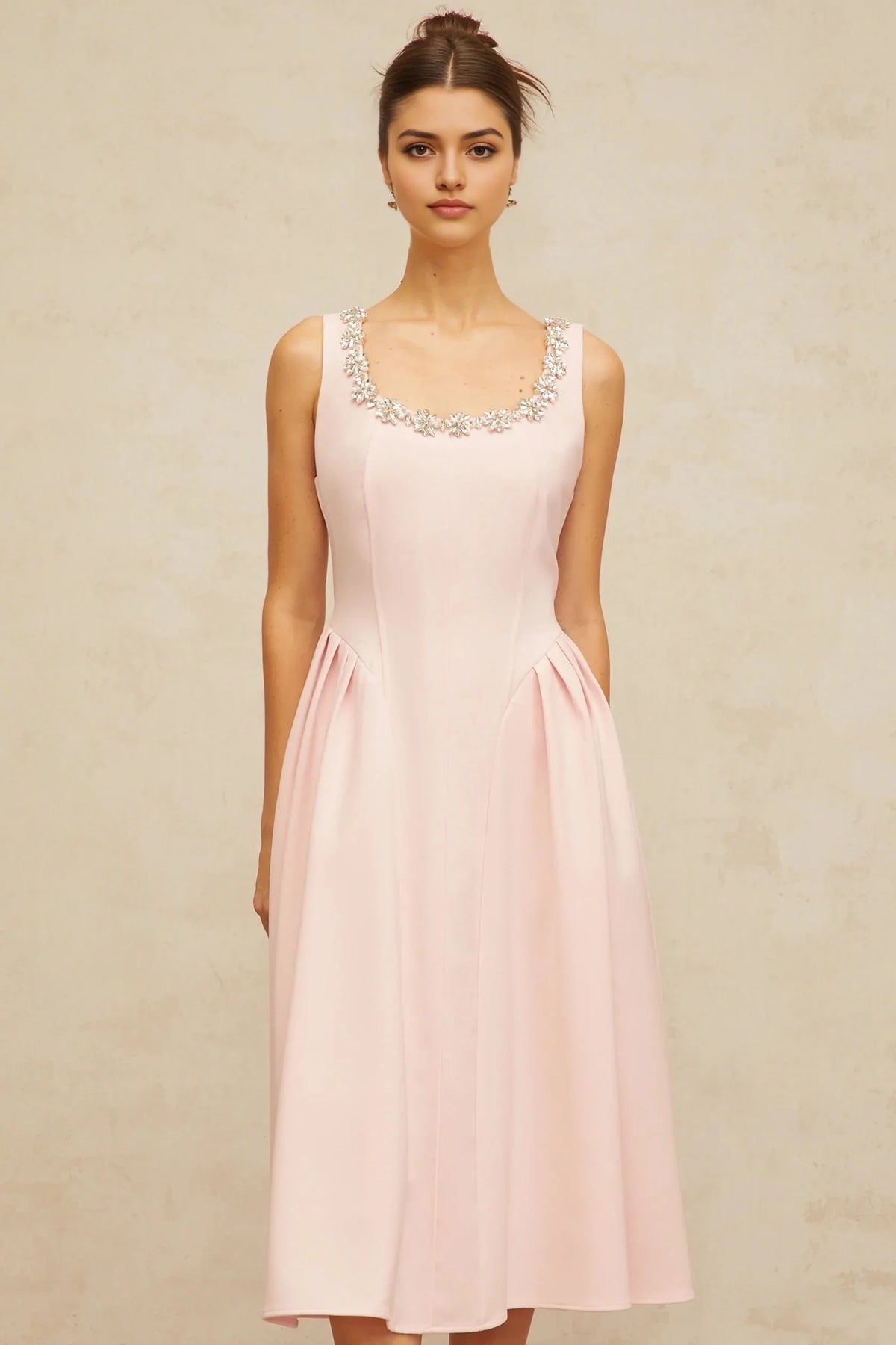 Pink Sleeveless Midi Dress with Crystal Embellished Neckline pink crystal pleated midi dress Evening Dress by YiHuiw