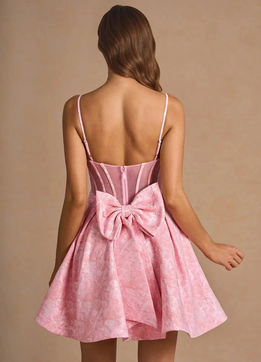 Pink Strapless Mini Dress with Bow Detail Imogen Pink Multi Mini Dress Homecoming Dresses by YiHuiw