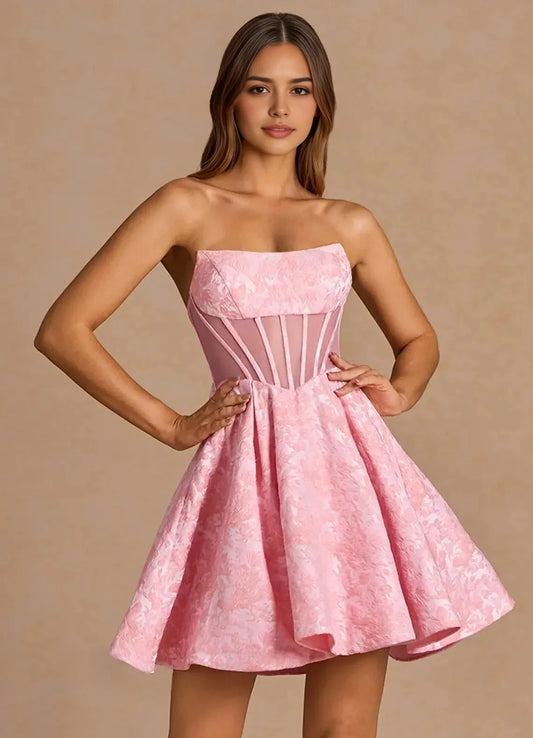 Pink Strapless Mini Dress with Bow Detail Imogen Pink Multi Mini Dress Homecoming Dresses by YiHuiw