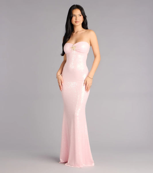 Pink Mermaid Strapless Sequin Floor-Length Wedding Dress - Yihuiw by Yihuiw
